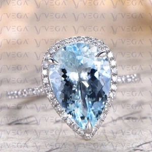 6.11Ct Pear Cut Natural Aquamarine & Diamond Wedding Ring 18K White Gold Plated - Picture 1 of 15