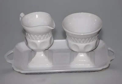 Vintage MILK GLASS Sugar Bowl, Creamer, Tray DIAMOND THUMBPRINT Colony - Image 1 of 4