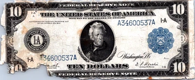 1914 $10 Federal Reserve Note Boston Good Restoration Note  Fr. 906 - Image 1 of 3