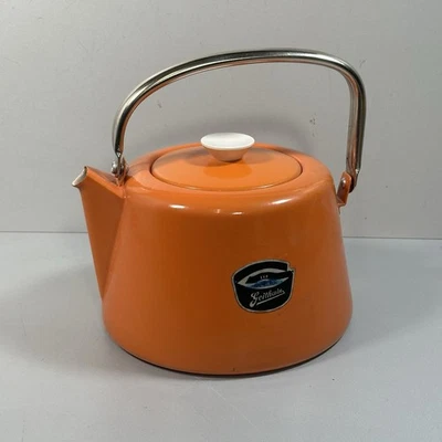 Emaille-Tekessel Groß 3L Original DDR 70er Vintage Orange Ungenutzt Kaffeekanne - Bild 1 von 4
