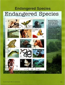 1996 Endangered Species SHEET- Fantastic First Day Souvenir Pages (USED) - Picture 1 of 2