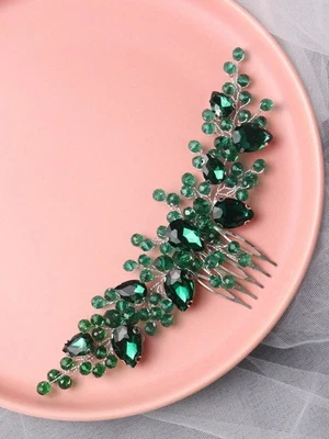 Green Rhinestone Bride Wedding Hair Comb Flower Hair Piece Party Side Clip - Image 1 of 4