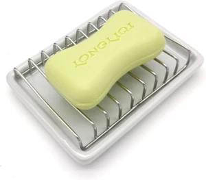 Ceramic Soap Dish with Stainless Steel Drain Tray Self Draining Soap Holder Spon - Picture 1 of 12