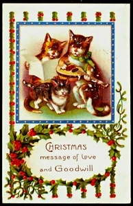 Vintage CHRISTMAS MESSAGE OF LOVE embossed Cat Postcard - ca. 1912 - Picture 1 of 2