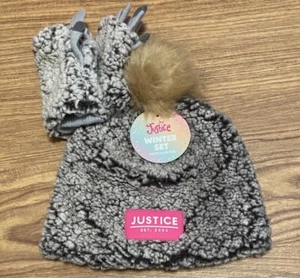 Justice Sherpa Girls Youth Beanie Hat Gloves 2 Pc Set Winter Gray NWT Soft - Picture 1 of 10