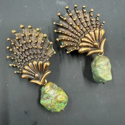 RARE Stephen Dweck 2.5" Bronze Sterling Silver Turquoise Clip-On Earrings - Image 1 of 4