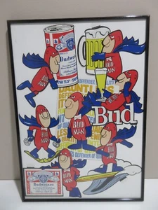 ÚNICA 20"x14" Bud Man Calcomanía Adhesiva Imagen Collage Budweiser Años 70 Marco de Metal - Imagen 1 de 14