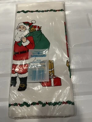 Cubierta de mesa vintage de Papá Noel papel Navidad gato 1980 vacaciones nuevo sellado Foto 1 de 3