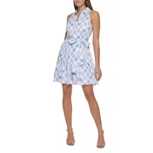 TOMMY HILFIGER Women's Gingham-Print Belted Shirt Dress Blue White 12 - Picture 1 of 3