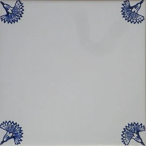 Tiles Delft Art Decor, Blue - White Tile 15x15cm with Corner Decors, Carnations - Picture 1 of 2