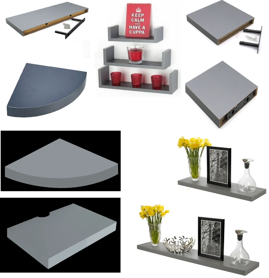 Grey High Gloss Floating Shelve Shelf Display Unit Media Corner Storage Bookcase - Image 1 of 1