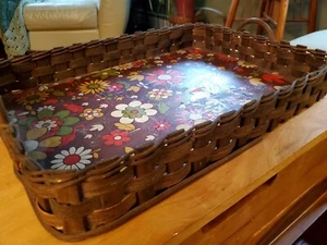 intage splint basket serving tray floral base - Picture 1 of 5