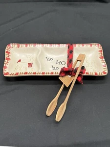Mudpie Tid Bit Tray, 3 Compartments W/wooden Tongs, Christmas, Winter, NWT - Picture 1 of 12