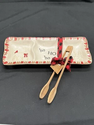 Mudpie Tid Bit Tray, 3 Compartments W/wooden Tongs, Christmas, Winter, NWT - Image 1 of 4