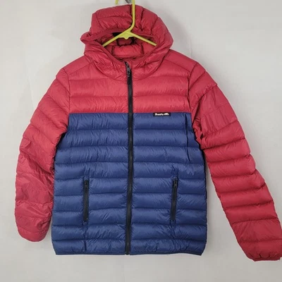 Chaqueta acolchada ROOTS para hombre talla M cremallera completa con capucha relleno empaquetable ROJO azul MANCHAS Foto 1 de 4