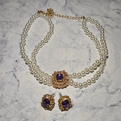 Luxuriöse Elegante in Lila Doppelreihige Halsketten Amethyst Strass Ohrring Set - Bild 1 von 4