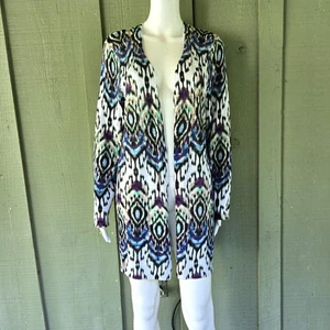 CHICO'S Cotton Blend Print Open Front Cardigan Sweater Sz 2 or US 12 Large - Picture 1 of 3