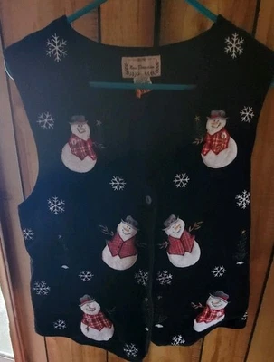 Chaleco Suéter Navidad Muñeco de Nieve Vintage New Direcrion Terciopelo Negro. L Foto 1 de 4