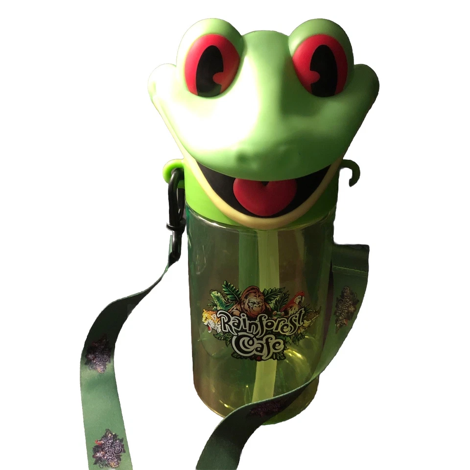 Rainforest Café Cha Cha Sipper (botella H2O) con rana árbol Cha Cha con cordón Foto 1 de 4