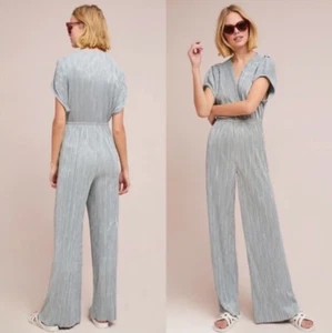 Anthropologie Porridge Silver Champagne Pleated Metallic Wide Leg Jumpsuit small - Picture 1 of 11