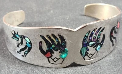Vintage Southwestern Cuff Bracelet .925 Sterling Silver Kokopelli Dancer Claw - Image 1 of 4