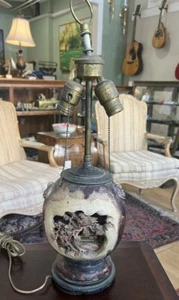 Antique Japanese Banko Vase Lamp Carved Relief Scene Pagoda Landscape Works! - Picture 1 of 10