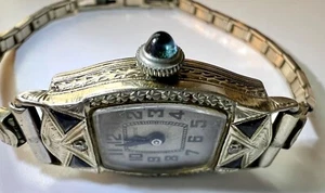 Art Deco Sapphire 18k White Gold Warwick Swiss Ladies Watch 17 Jewel - Picture 1 of 16