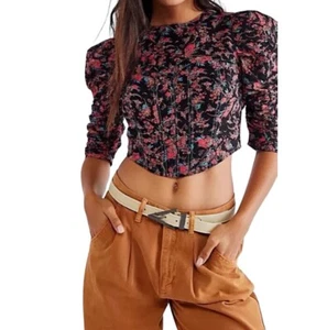 NWT Free People Women’s Monica Corset Floral Puff Sleeve Cropped Sz S Open Back - Picture 1 of 15