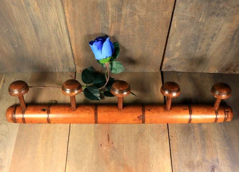 Antique Large French 5 Peg Hooks Faux Bamboo Coat Wall Rack Wood 1920s Cover