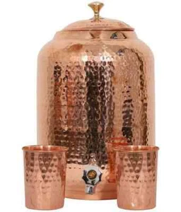 Pure Copper Water Dispenser 8 Litre Hammered Pitchers Matka 2 Drinking Tumbler - Picture 1 of 9