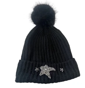 VICTORIA'S SECRET Sparkling Diamond Accents Pom Pom Hat Beanie Black - Picture 1 of 5