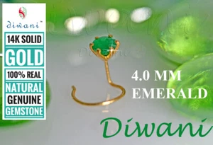 4.0mm Natural Emerald Engagement Wedding Nose Piercing Ring Pin Stud 14k Gold - Picture 1 of 12