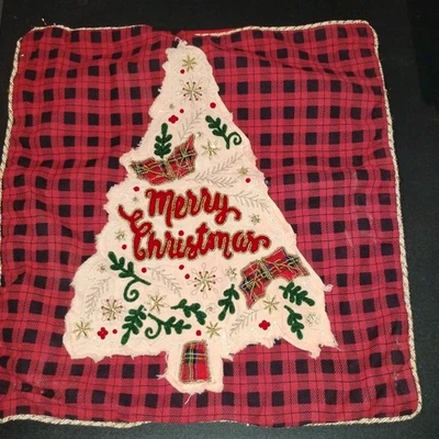 Christmas Plaid Embroidered Throw Pillow Cover. 18x18 - Image 1 of 4