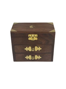 Yin Yang Wooden Jewelry Box Organizer with Brass Accents Small Gift Storage - Picture 1 of 9