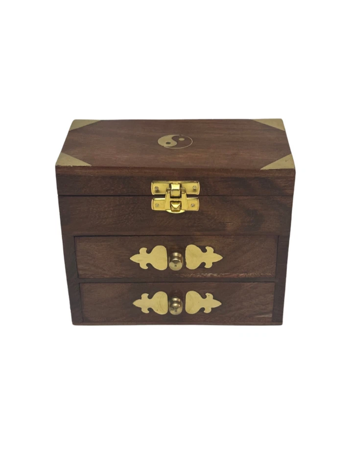 Spiritual Wooden Jewelry Box Yin Yang Carved Gift Keepsake Storage Drawers - Image 1 of 4