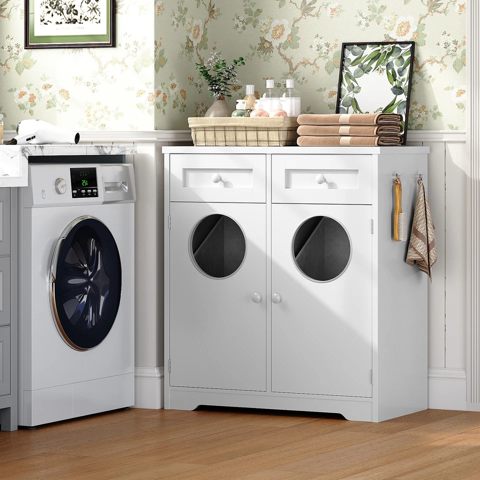 Double Laundry Hamper Cabinet Hidden Laundry Cabinet with 2 Drawers & 2 Baskets - Image 1 of 4