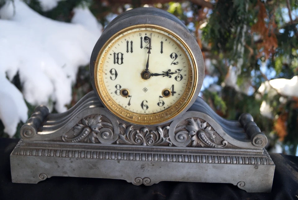 Antiguo Reloj C 1901 Ansonia GREENWICH Spelter Tambour Mantle - VER VIDEO - RARO Foto 1 de 4