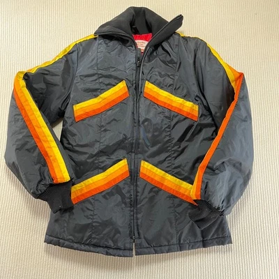 Abrigo Bombardier Vintage Retro Negro Naranja Amarillo Rayas Esquí Snowboard Damas 10 Foto 1 de 4