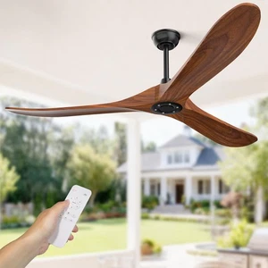 70in Ceiling Fan Without Light, 3 Wooden Blades with Black Base, Remote Control - Picture 1 of 4