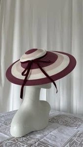Vintage 1940s Straw Hat Purple Pink Ivory Stripe Wide Brim Picnic Ronnie 22 - Picture 1 of 16