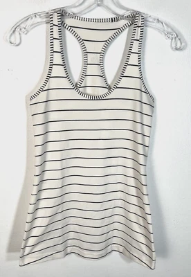Camiseta sin mangas Lululemon para mujer mediana crema y gris a rayas elástica fresca espalda deportiva Foto 1 de 3