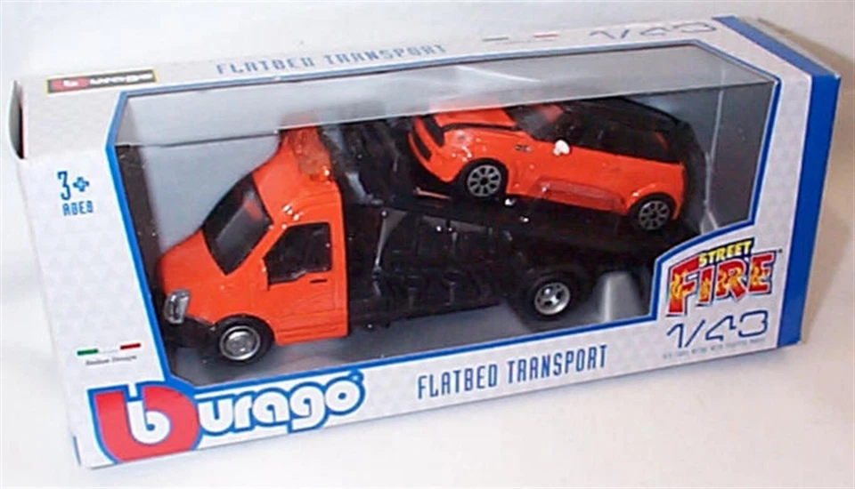 Flatbed Car Transporter + Mini Cooper in Orange  1:43 scale burago New in Box - Image 1 of 1