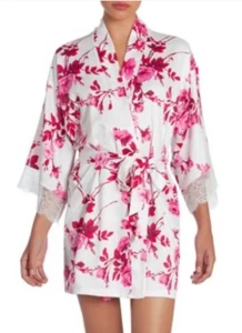 In Bloom by Jonquil Kimono Morgenmantel rot rosa geblümt Satin Gr. L - Bild 1 von 10