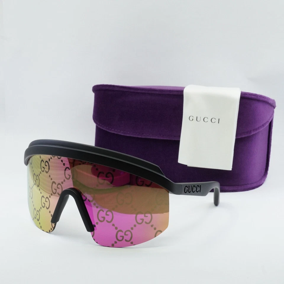 Gucci GG1477S 004 Black Pink Mirror GG Logo Unisex Shield Sunglasses AUTHENTIC