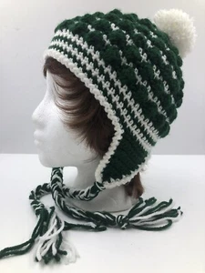 NEW Unisex Handmade Crochet Bubble Hat Green and White Braided Ties Fringe GIFT - Picture 1 of 4