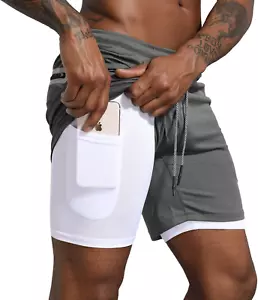Men'S 2 in 1 Workout Running Shorts Lightweight Training Yoga Gym 7" Short with - Picture 1 of 12