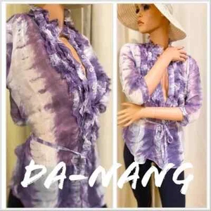 Da-Nang Women Ruffled Top Blouse Shirt Size S Lavender Sheer Silk 3/4 Sleeve - Picture 1 of 19