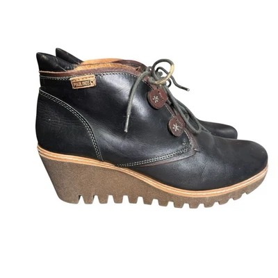 Pikolinos Zafiro & Olmo Maple Leather Wedge Ankle Boots Lace Up Black 40 US 9 S6 - Image 1 of 4