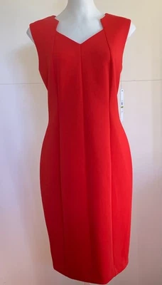 Calvin Klein Dress Red Sheath Scuba Sleeveless V-Cut Neck Gold Zip Size 14 NWT - Image 1 of 4