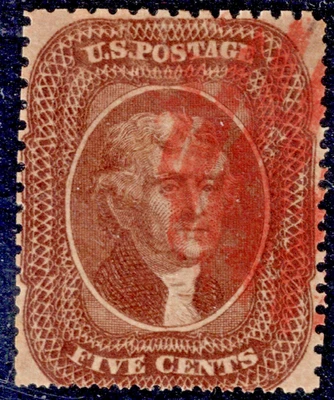 Scott #30A 1860 Tipo II 5 centavos Jefferson Red Grid Cancelar CV $375 Foto 1 de 2